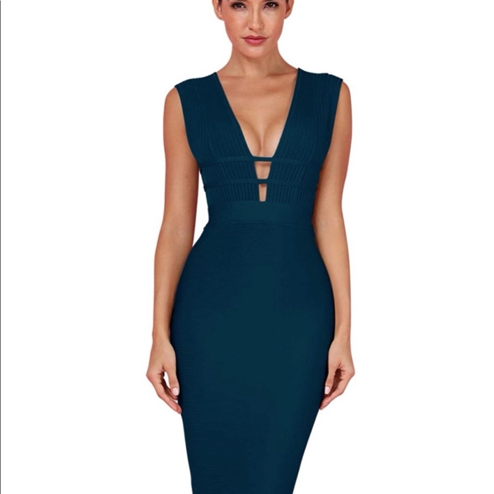 Deep V sleeveless cut bodycon bandage party dress teal blue